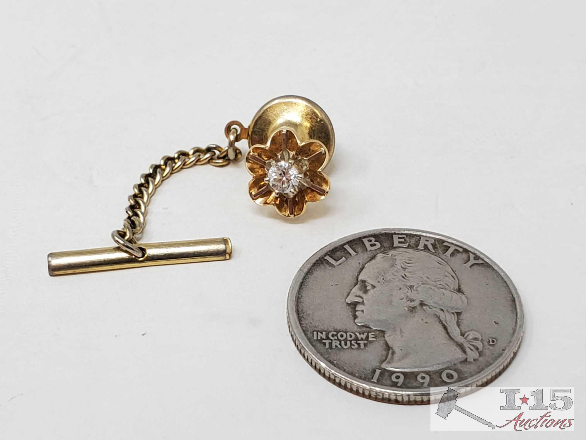 14k Gold Diamond Tie Pin, and "Palm Springs" Gold Pendant, 1.8g