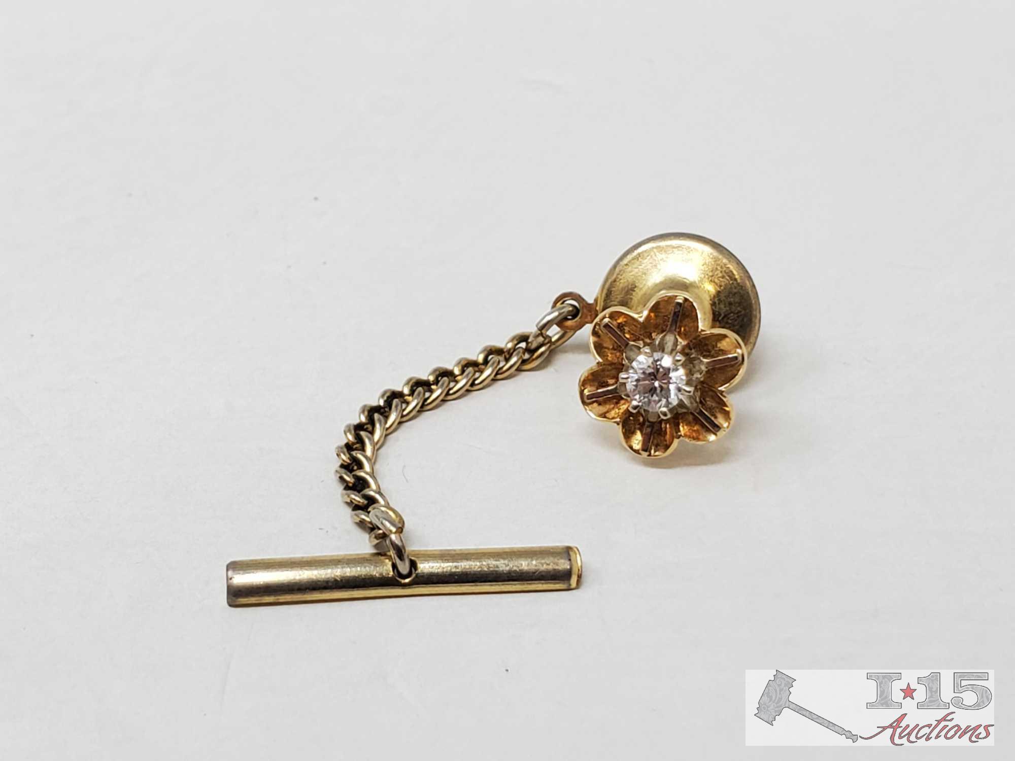 14k Gold Diamond Tie Pin, and "Palm Springs" Gold Pendant, 1.8g