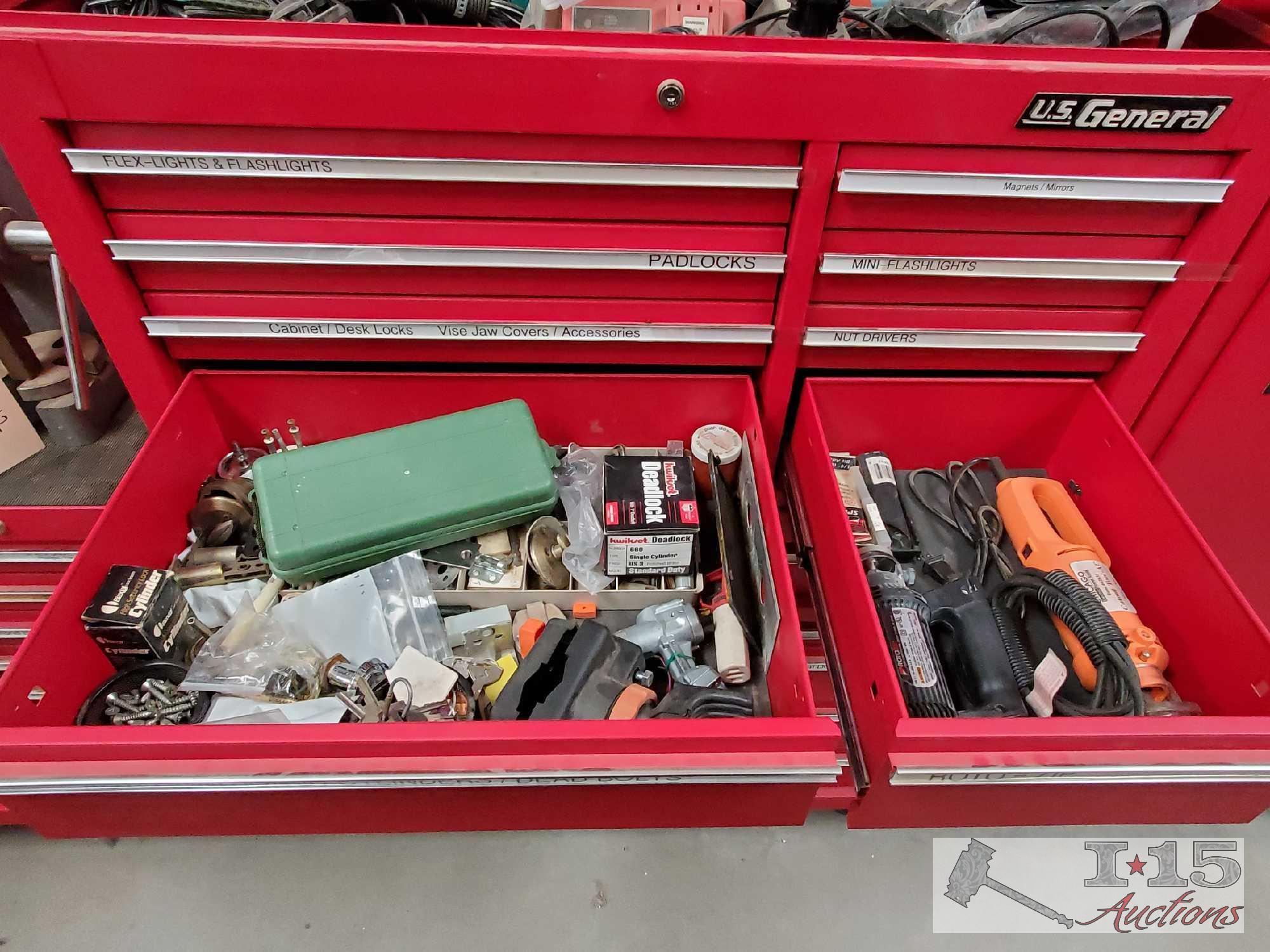 U.S. General 42" Tool Box, Top Box, Side Cabinet, And Side Drawers