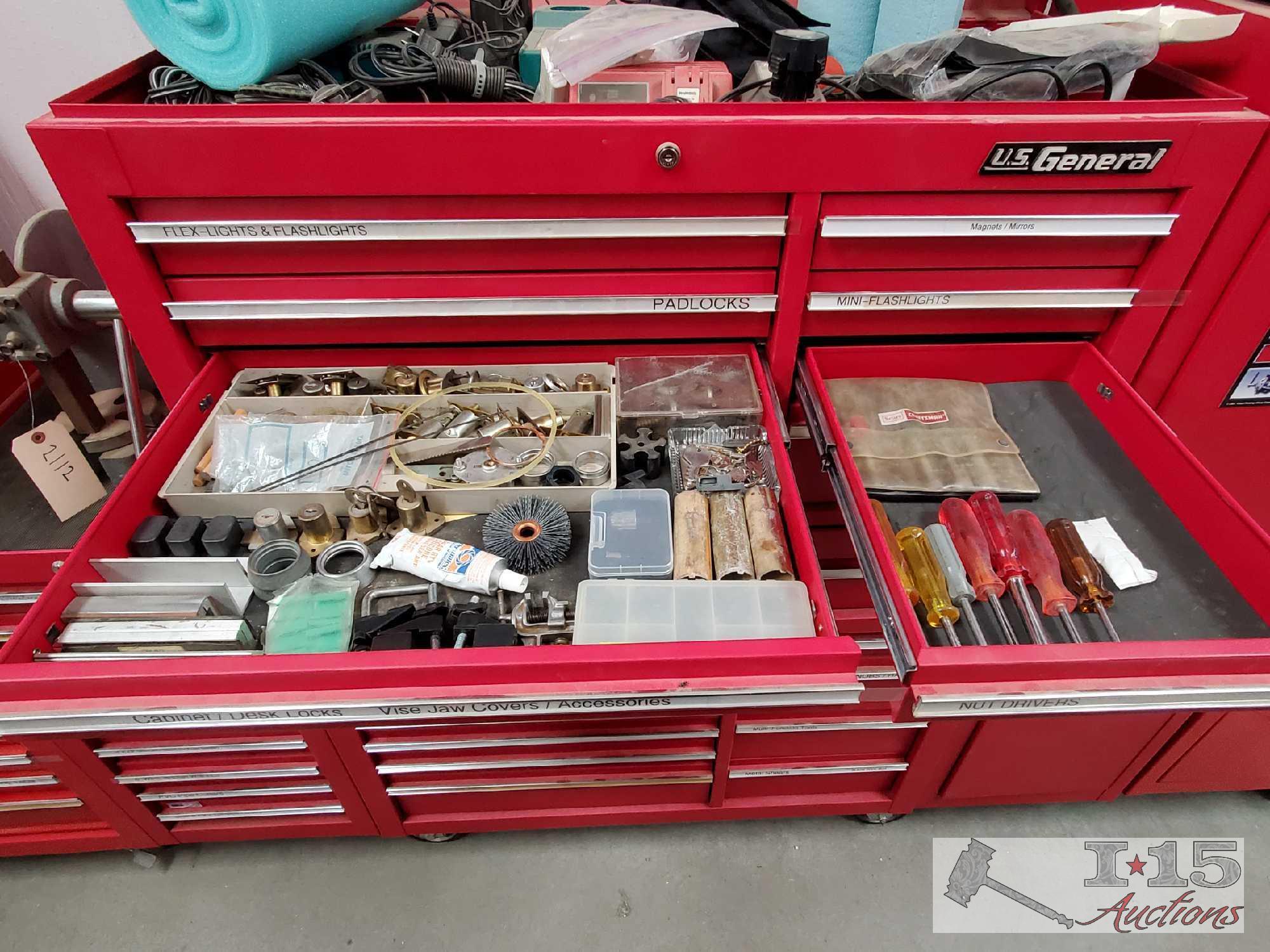 U.S. General 42" Tool Box, Top Box, Side Cabinet, And Side Drawers