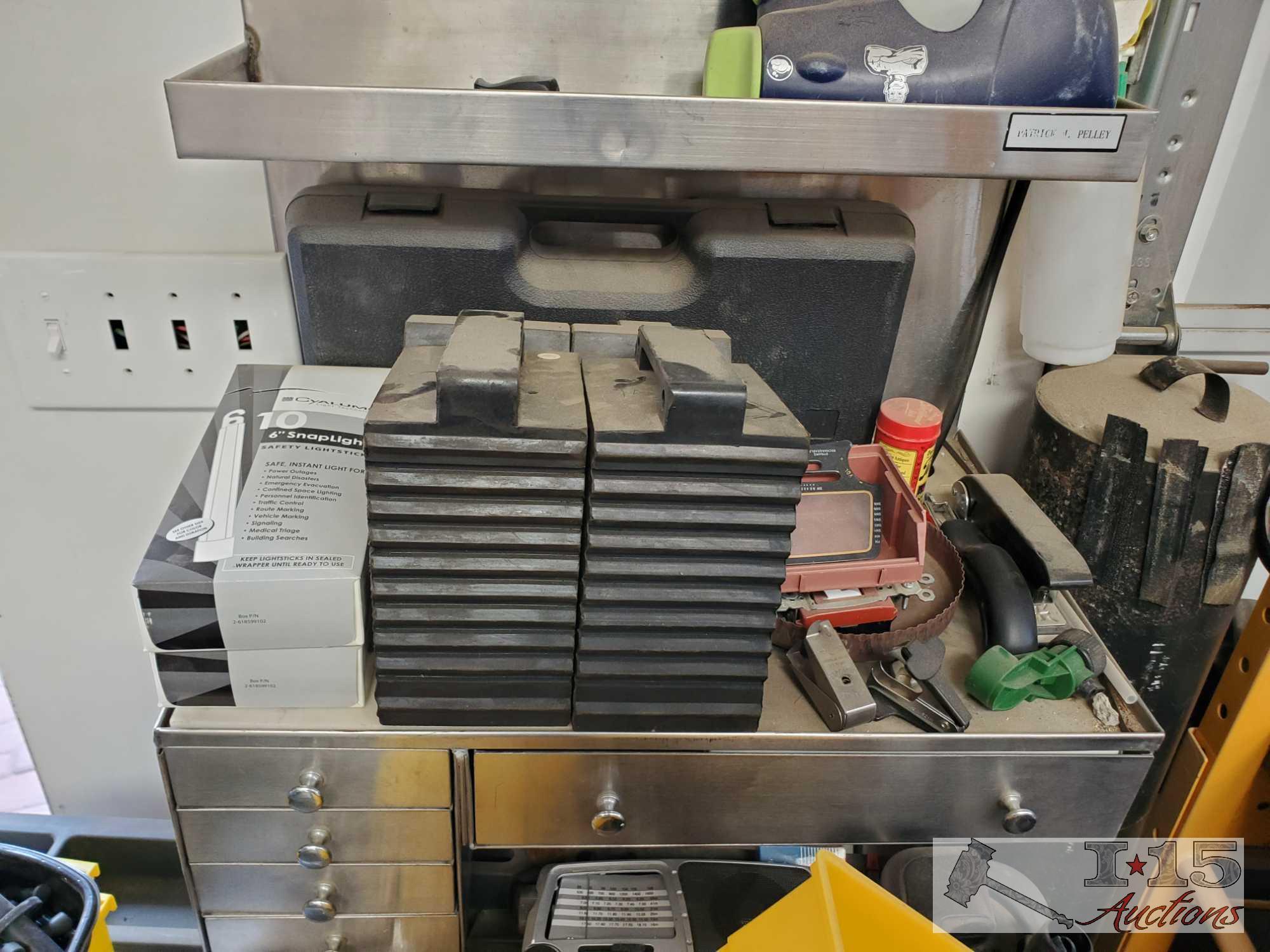 Plastic Tool Cart, Metal Shelf With Drawers, Lighted Power Strip,And More