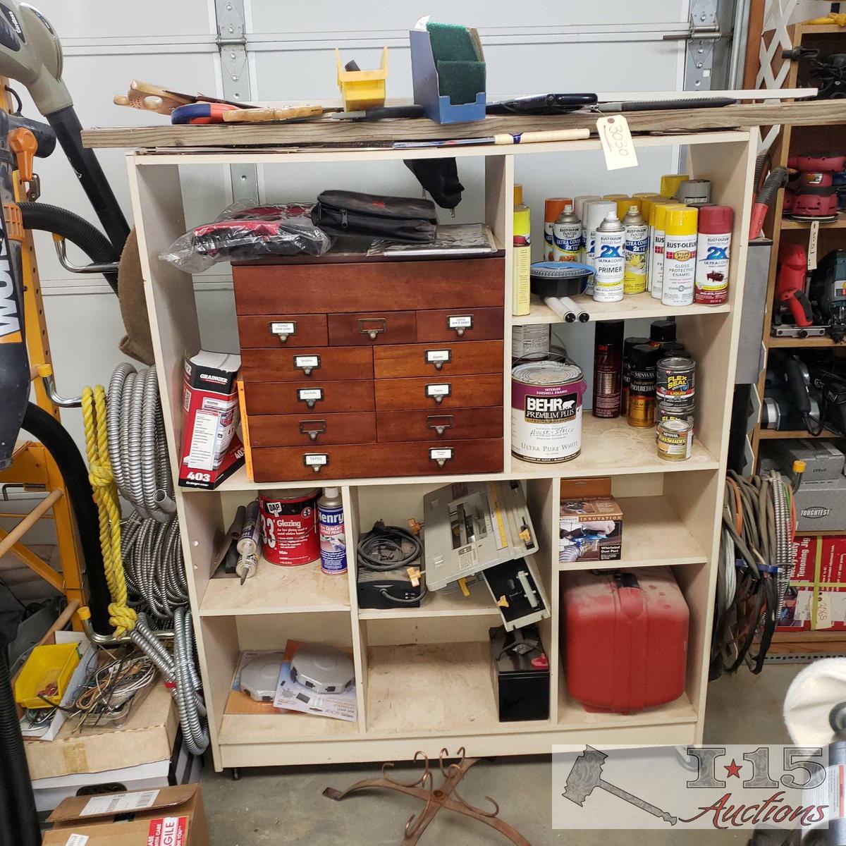 Wooden Shelving Unit, Router, Hand Saw, Rust oleum Paint, And More