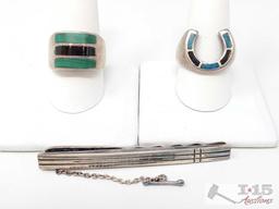 2 Sterling Silver Rings With Semi Precious Stones And Sterling Silver Tie Pin