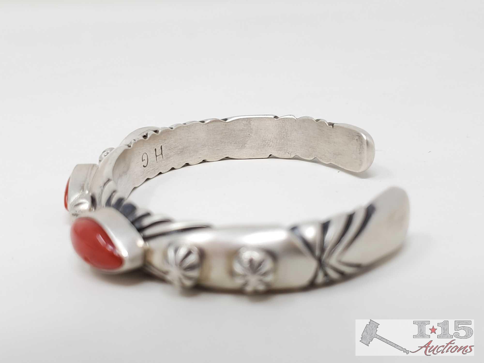 Heavy Artist Marked Sterling Silver Cuff With Blood Red Coral Stones