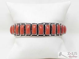 Marcella James Sterling Silver Cuff With Red Coral Stones, 47g