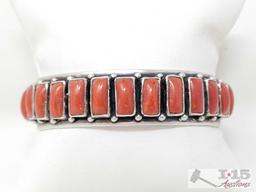 Marcella James Sterling Silver Cuff With Red Coral Stones, 47g