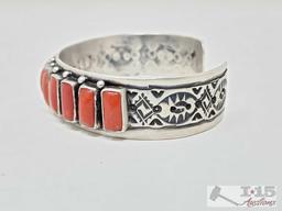 Marcella James Sterling Silver Cuff With Red Coral Stones, 47g