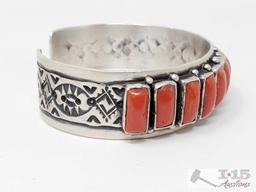 Marcella James Sterling Silver Cuff With Red Coral Stones, 47g