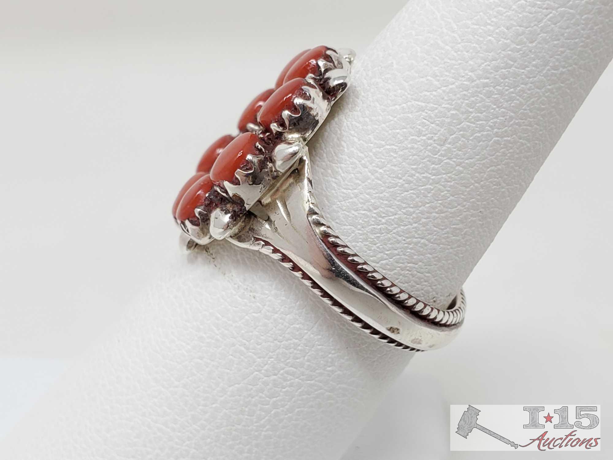 E. Wayco Sterling Silver Cuff With Coral Stones And Matching Ring, 39g