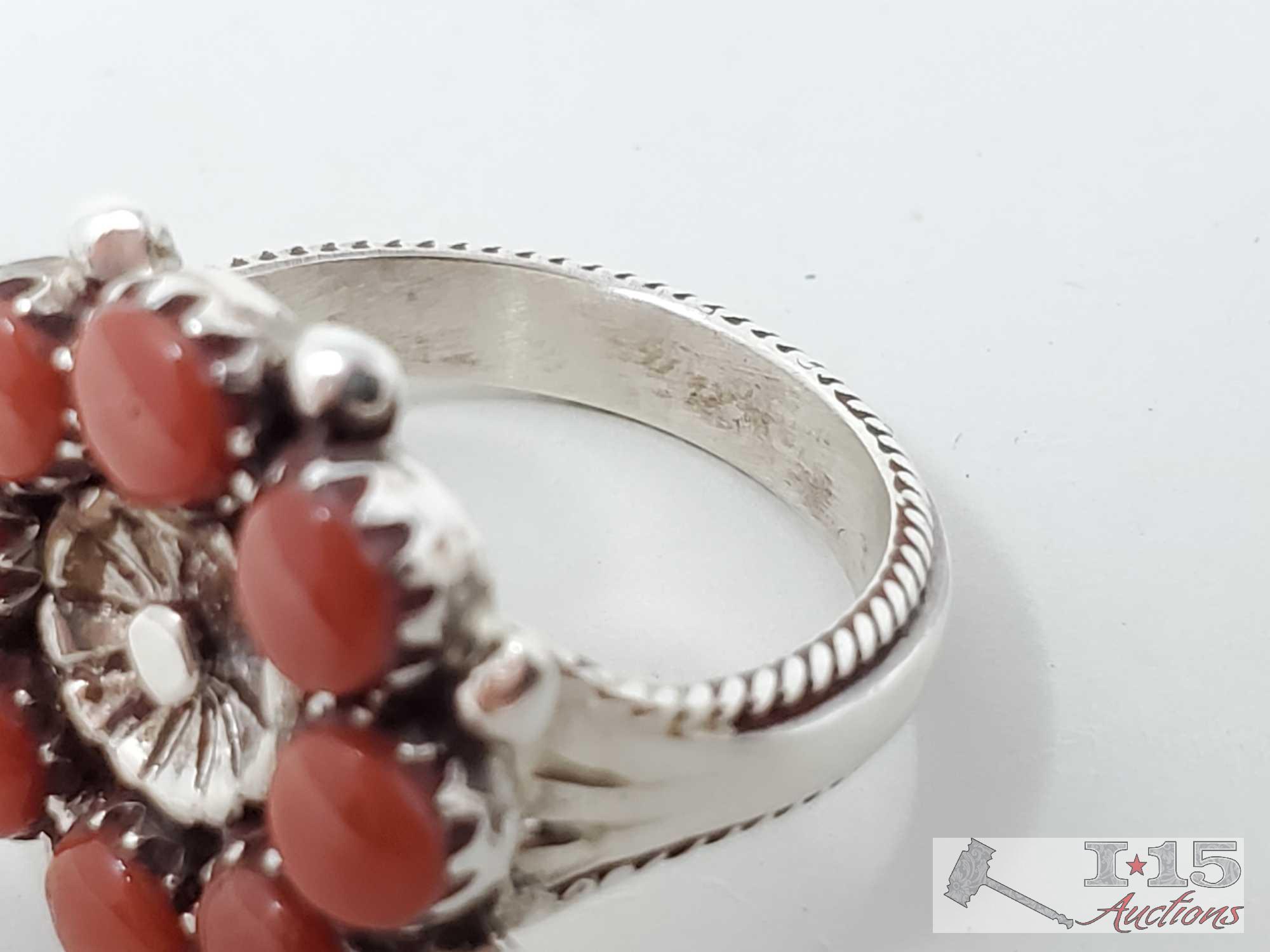 E. Wayco Sterling Silver Cuff With Coral Stones And Matching Ring, 39g