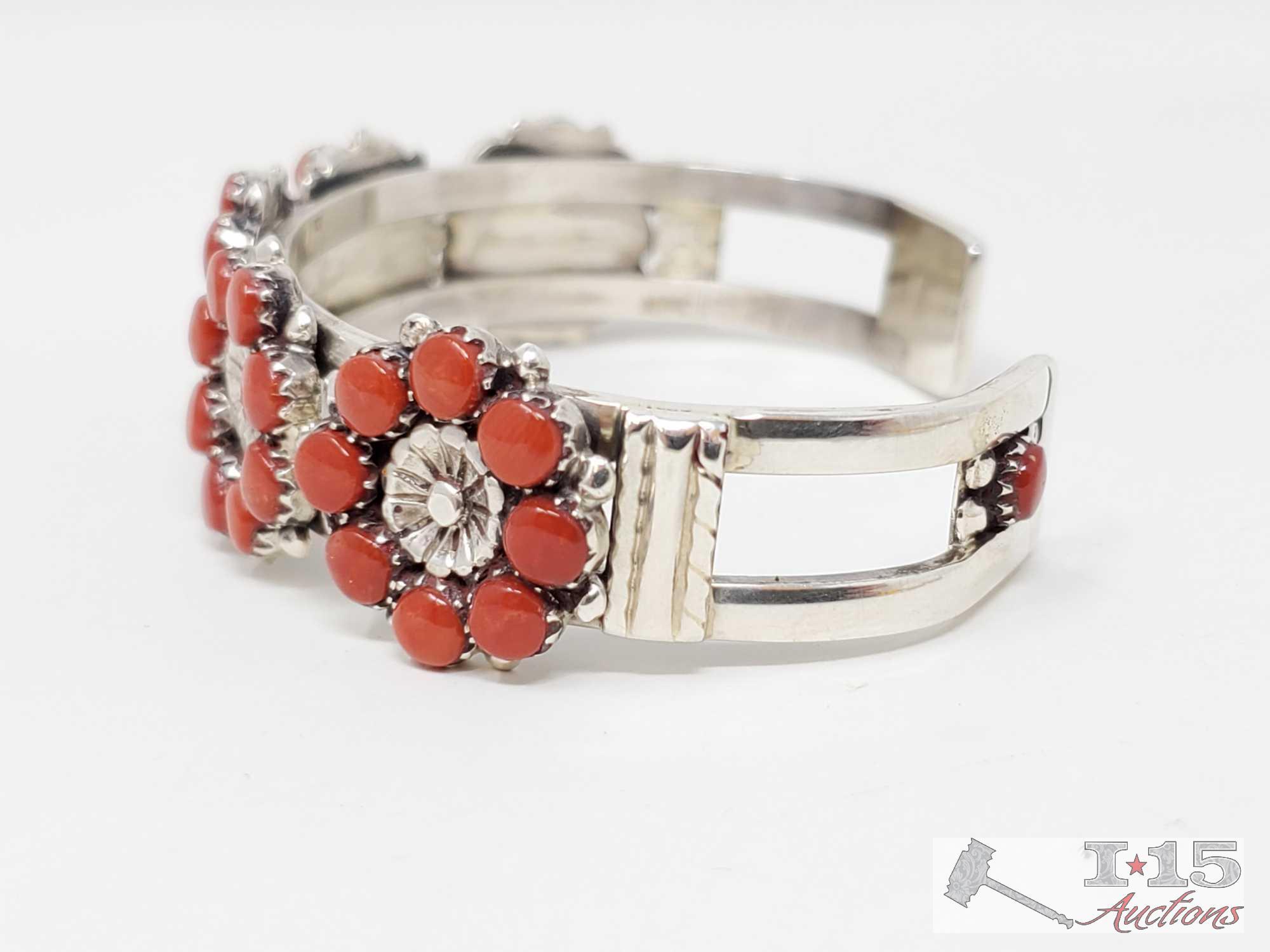 E. Wayco Sterling Silver Cuff With Coral Stones And Matching Ring, 39g