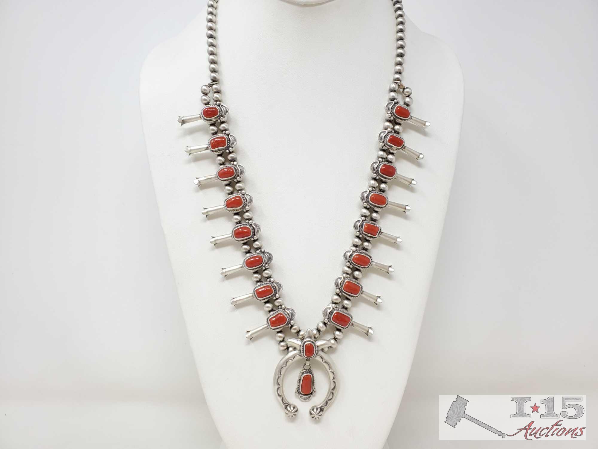 Sterling Silver Squash Blossom set W/ Blood Red Coral Stones Matching Earrings