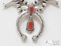 Sterling Silver Squash Blossom set W/ Blood Red Coral Stones Matching Earrings