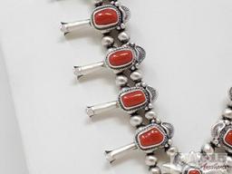 Sterling Silver Squash Blossom set W/ Blood Red Coral Stones Matching Earrings