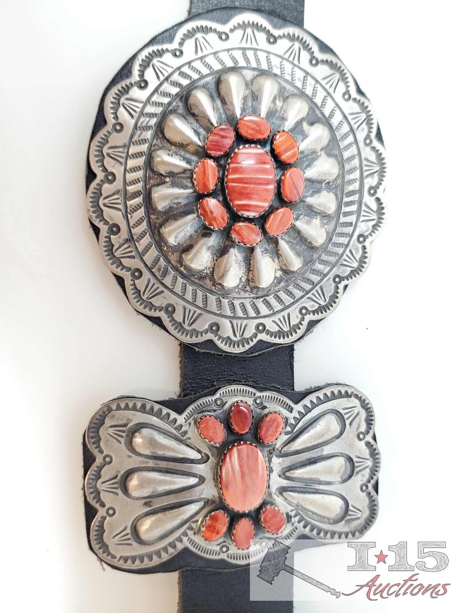 L. James Sterling Silver Concho Belt With Red Spiny Oyster, 568g