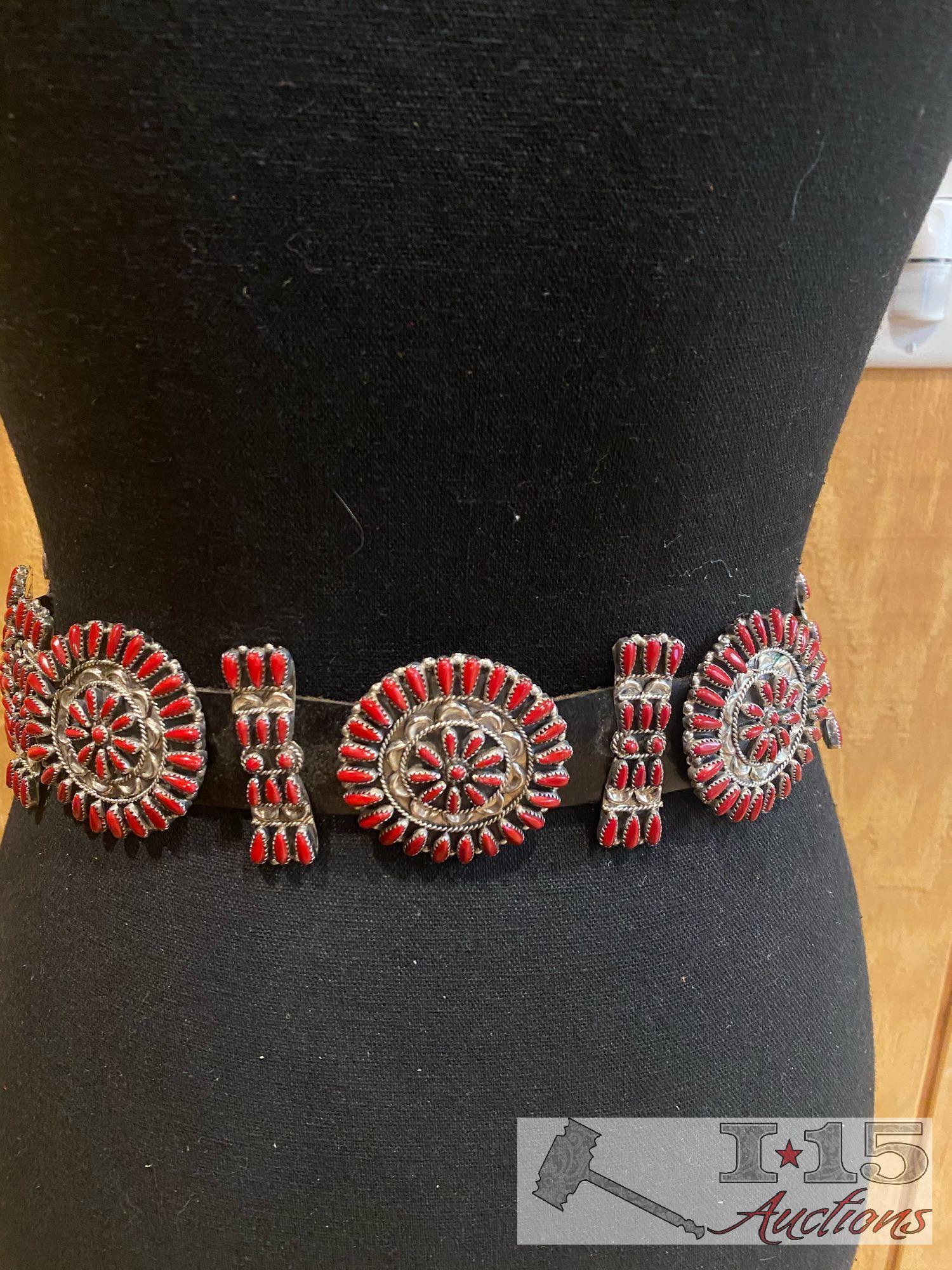 Native American Zuni Old Pawn petit point Sterling Silver Coral Concho Belt