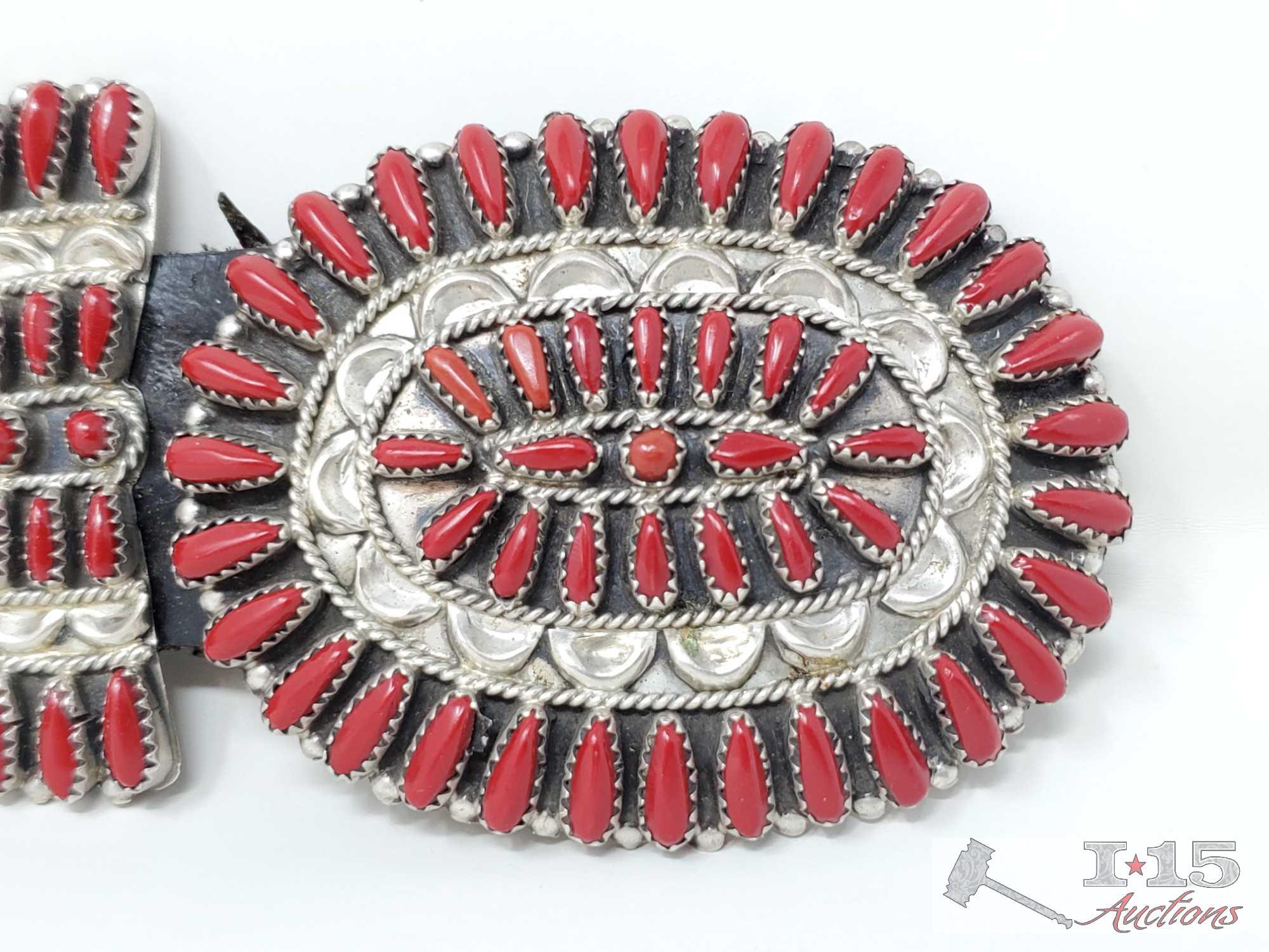 Native American Zuni Old Pawn petit point Sterling Silver Coral Concho Belt