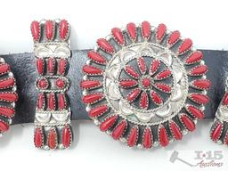 Native American Zuni Old Pawn petit point Sterling Silver Coral Concho Belt