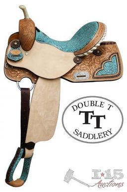 NEW 14 Inch Double T Barrel Style Saddle with Filigree Print Seat.