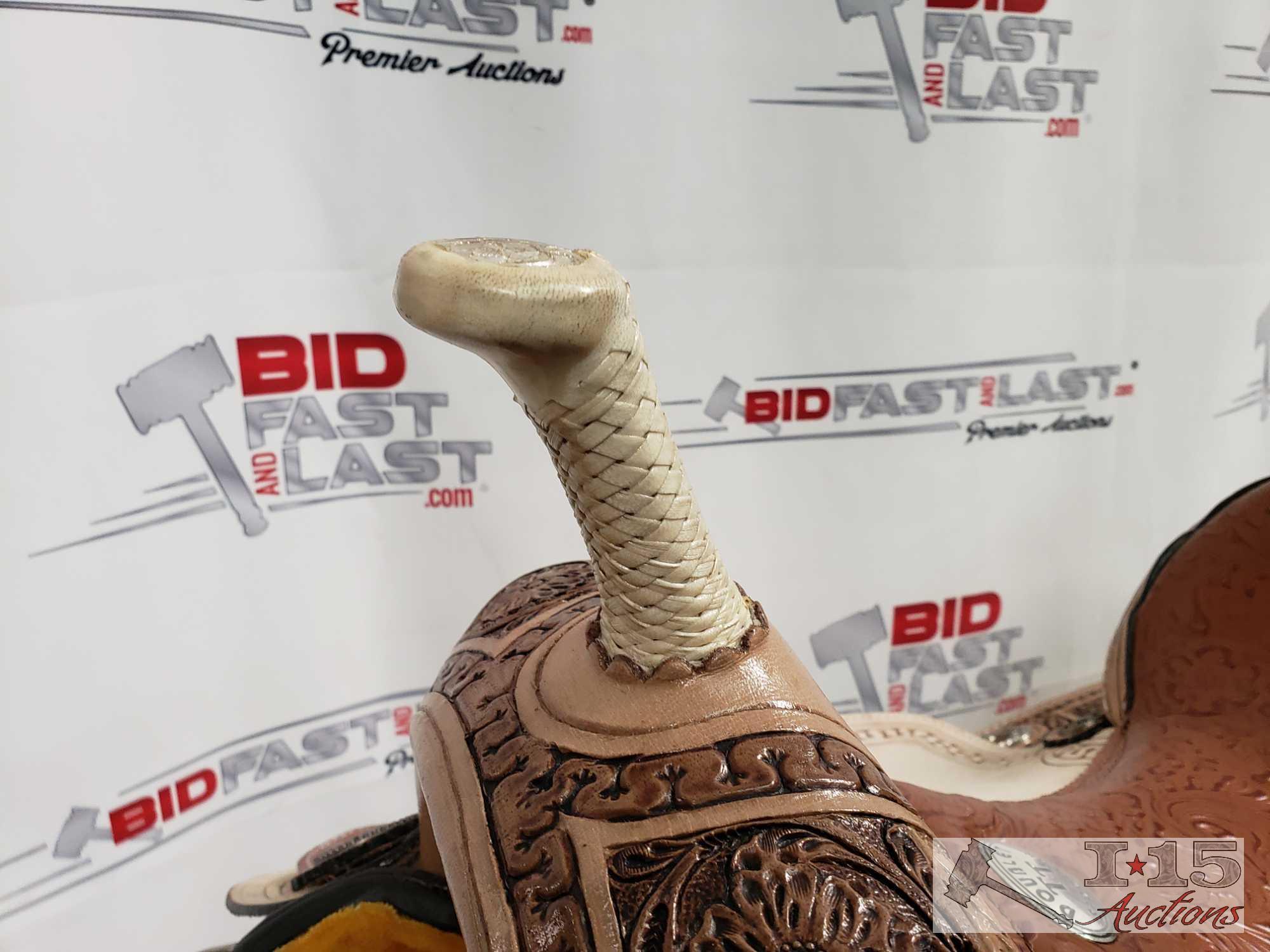 14" Barrel Style Saddle with Brown Filigree Seet and Tooling.