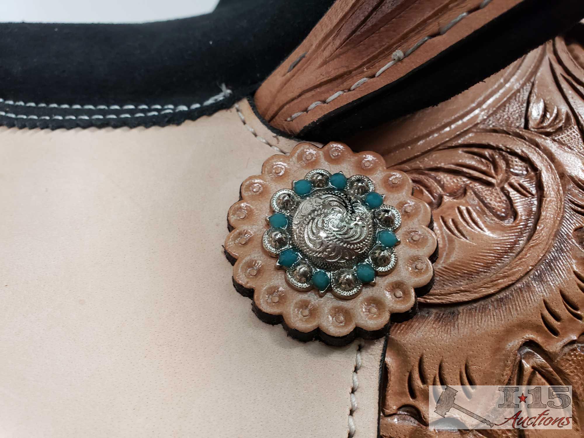 15" NEW Barrel Saddle with Feather Concho Design & Limited Warranty Card