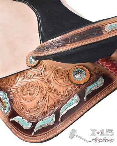 15" NEW Barrel Saddle with Feather Concho Design & Limited Warranty Card