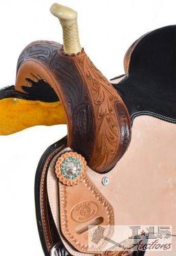 15" NEW Barrel Saddle with Feather Concho Design & Limited Warranty Card