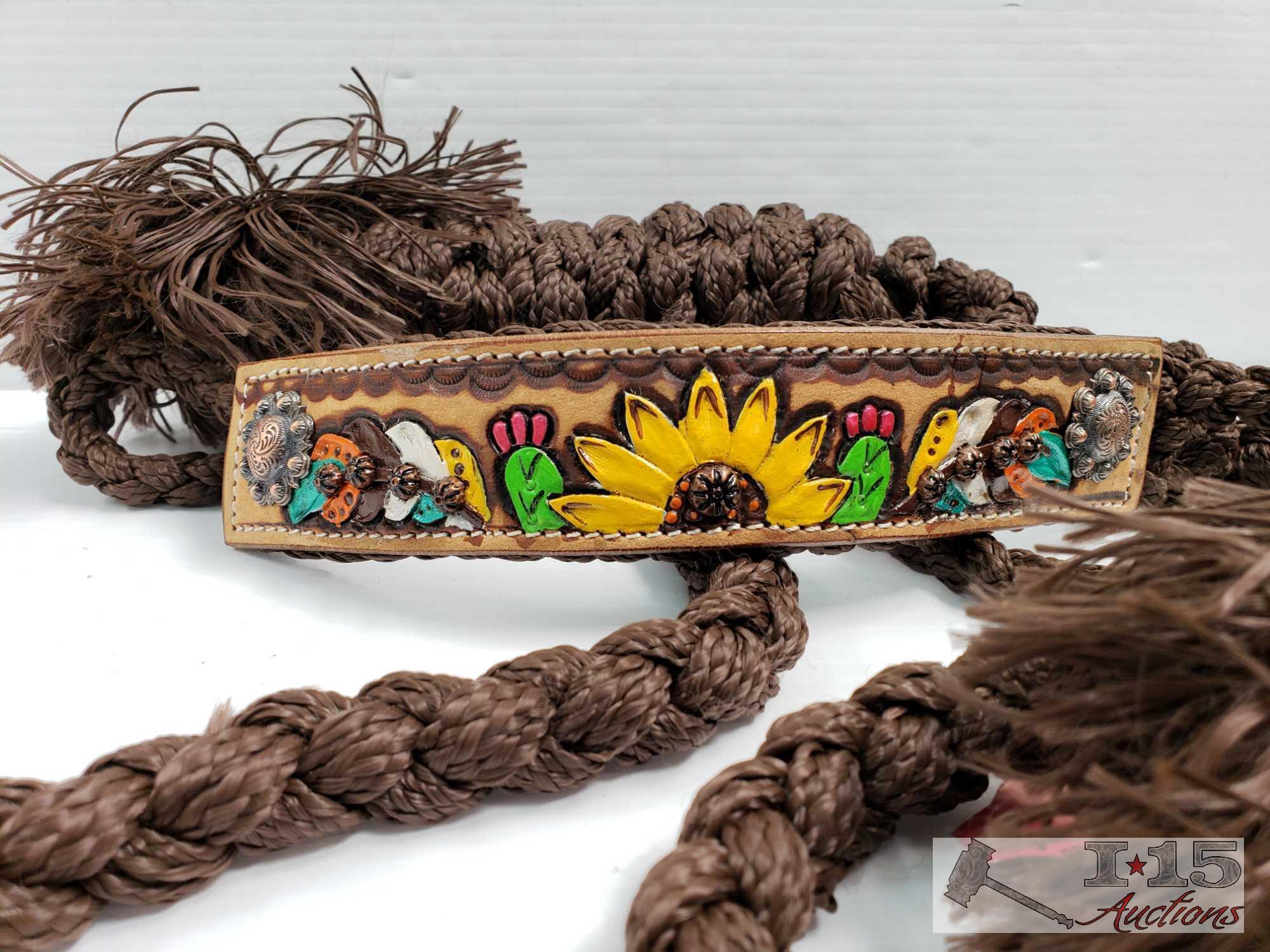 Woven brown mule tape halter with hand painted feather, sunflower and cactus noseband