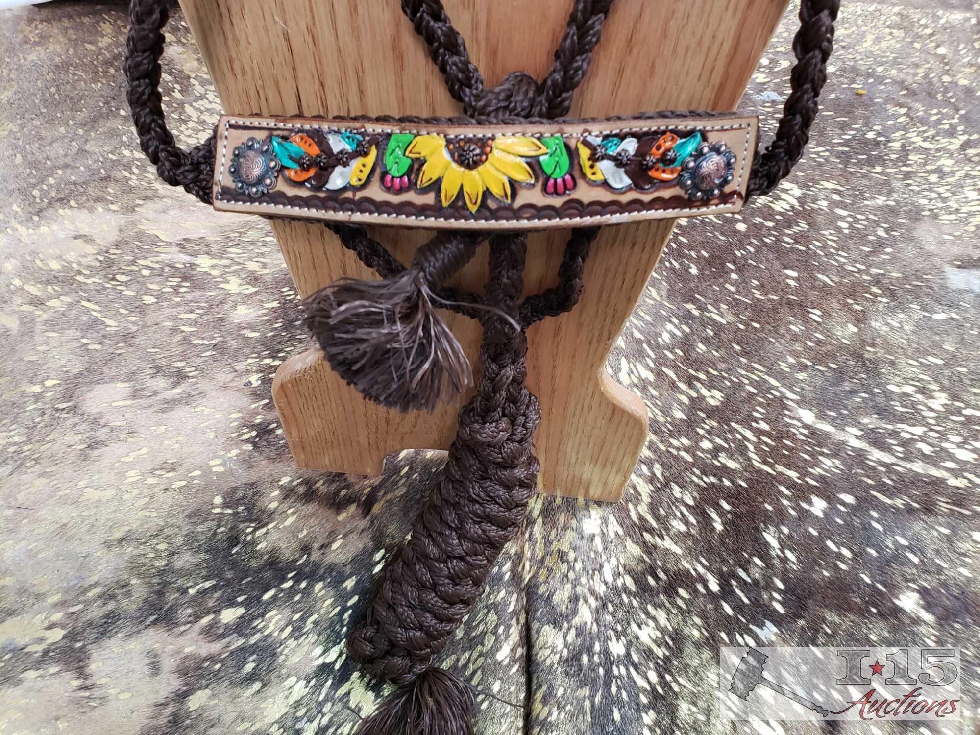 Woven brown mule tape halter with hand painted feather, sunflower and cactus noseband