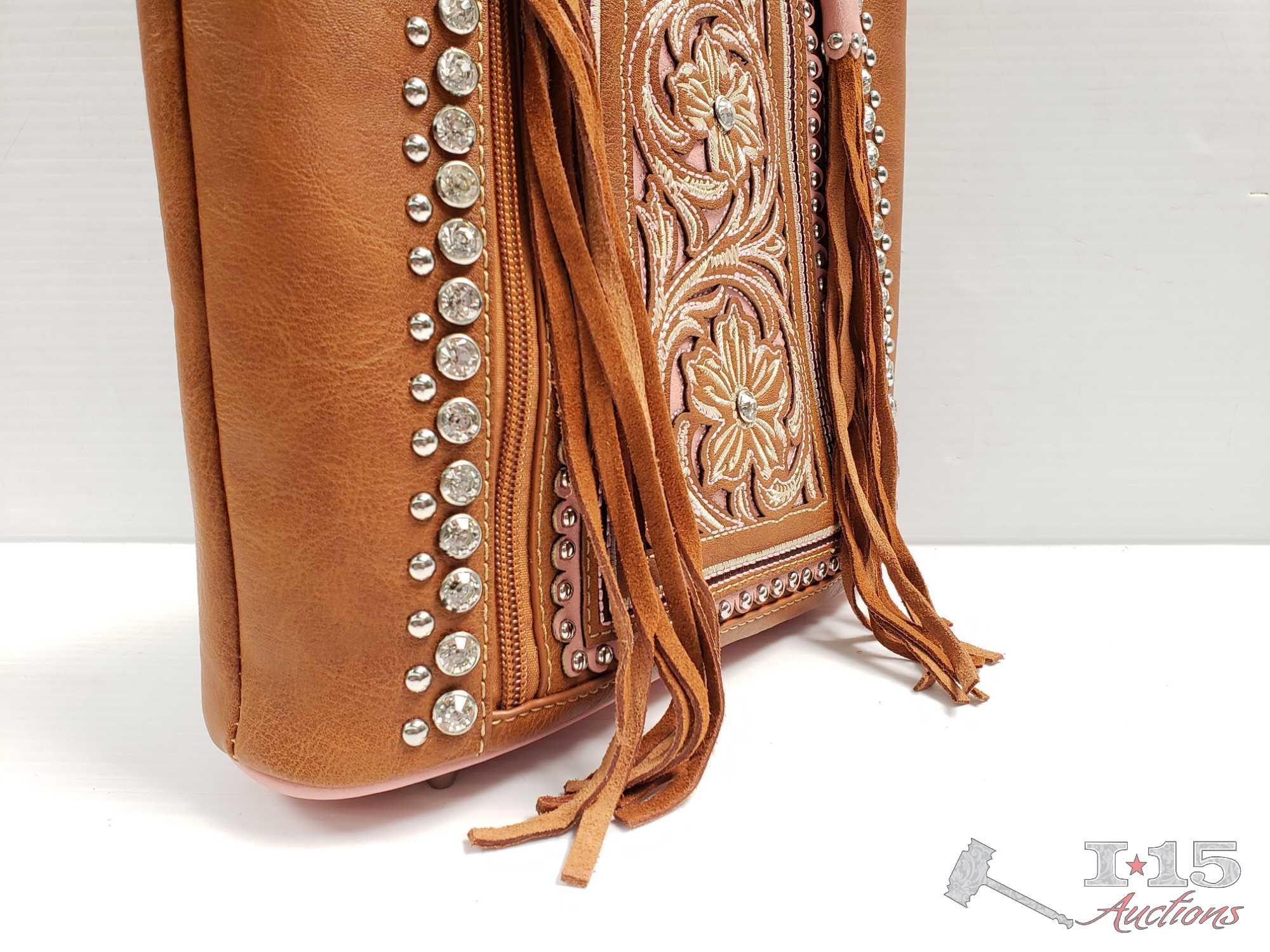 Montana West ... Floral tooled cross body purse with crystal rhinestones, silver studs, and fringe z