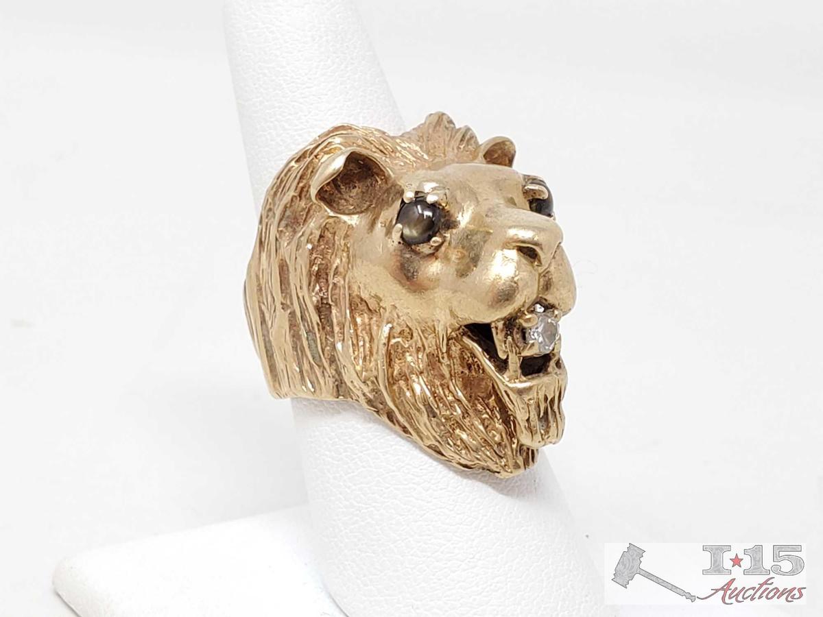 14k Gold Lion Ring With Diamond, 22.9g