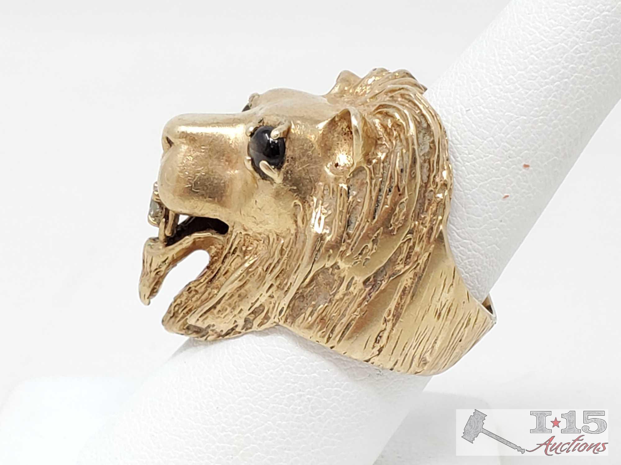 14k Gold Lion Ring With Diamond, 22.9g