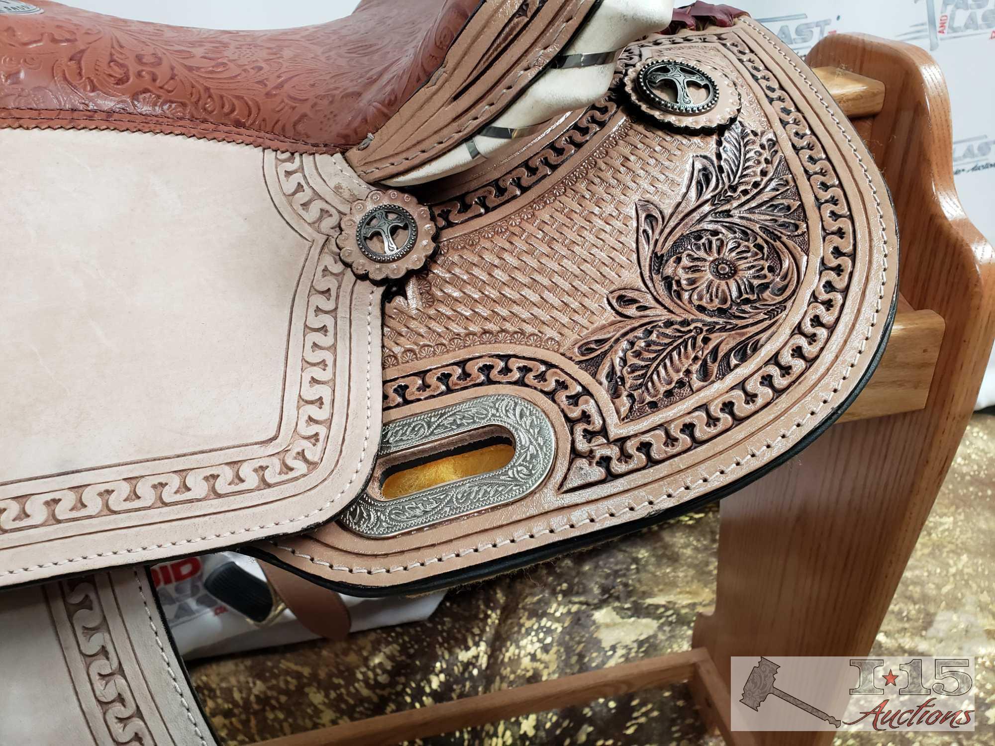 14" Barrel Style Saddle with Brown Filigree Seet and Tooling.