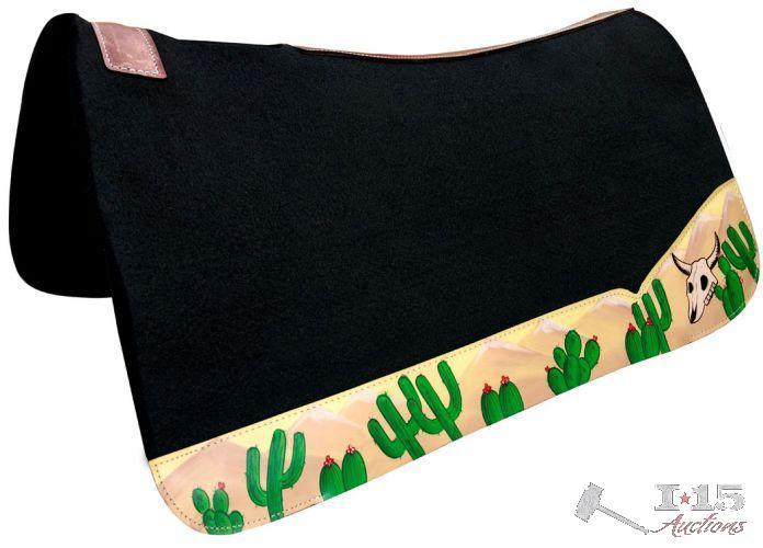 Showman ... 32" x 31" Black felt saddle pad with hand painted cactus and skull wear leathers.