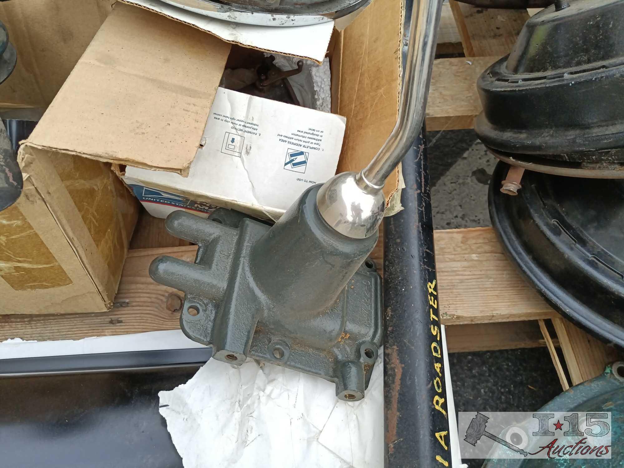 1930's Ford Parts. Transmission, Bell Housing, Steering Column, Drums with Inner Parts and More