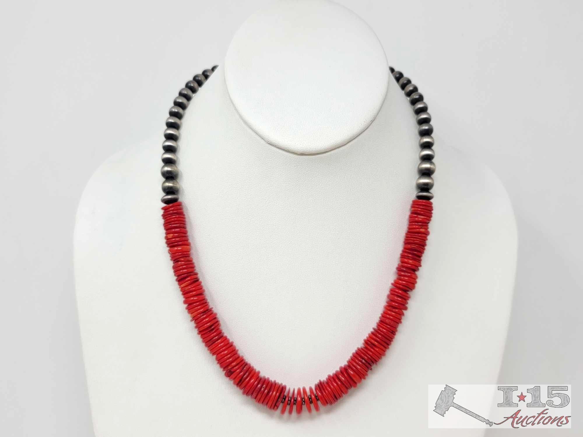 Native American Sterling Silver Turquoise Red Coral Bead Necklace 18 Inch