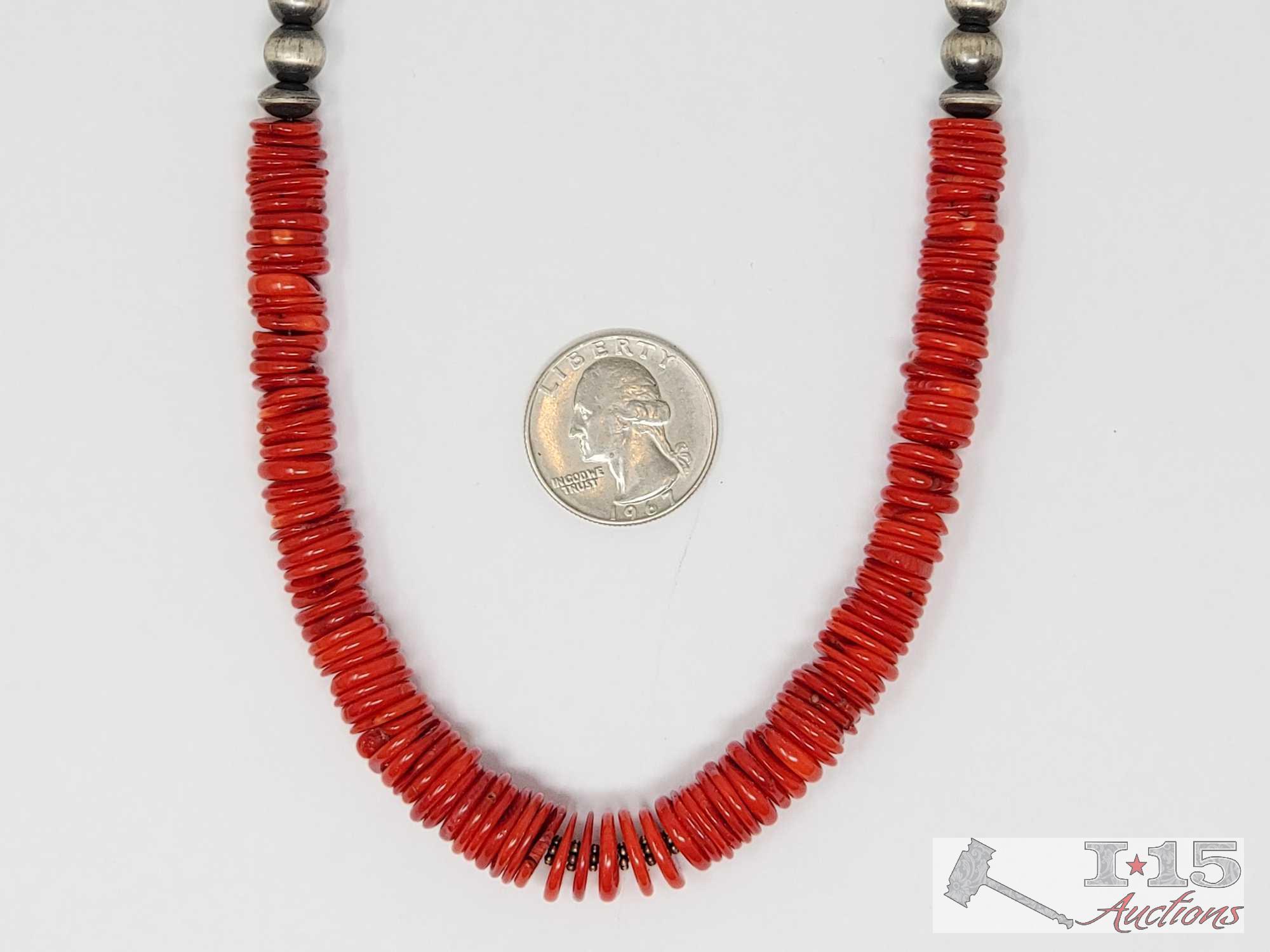Native American Sterling Silver Turquoise Red Coral Bead Necklace 18 Inch