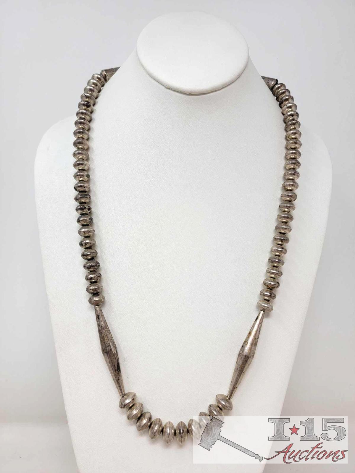 VTG RARE NAVAJO STERLING SILVER BENCH BEADS 28 INCH NECKLACE HUGE PAWN 11MM BEAd