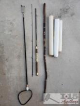 Fishing Spear, Fishing Rod, Walking Stick, And 3 Prints