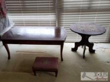Wooden Coffee Table, Wooden End Table, And Foot Stool