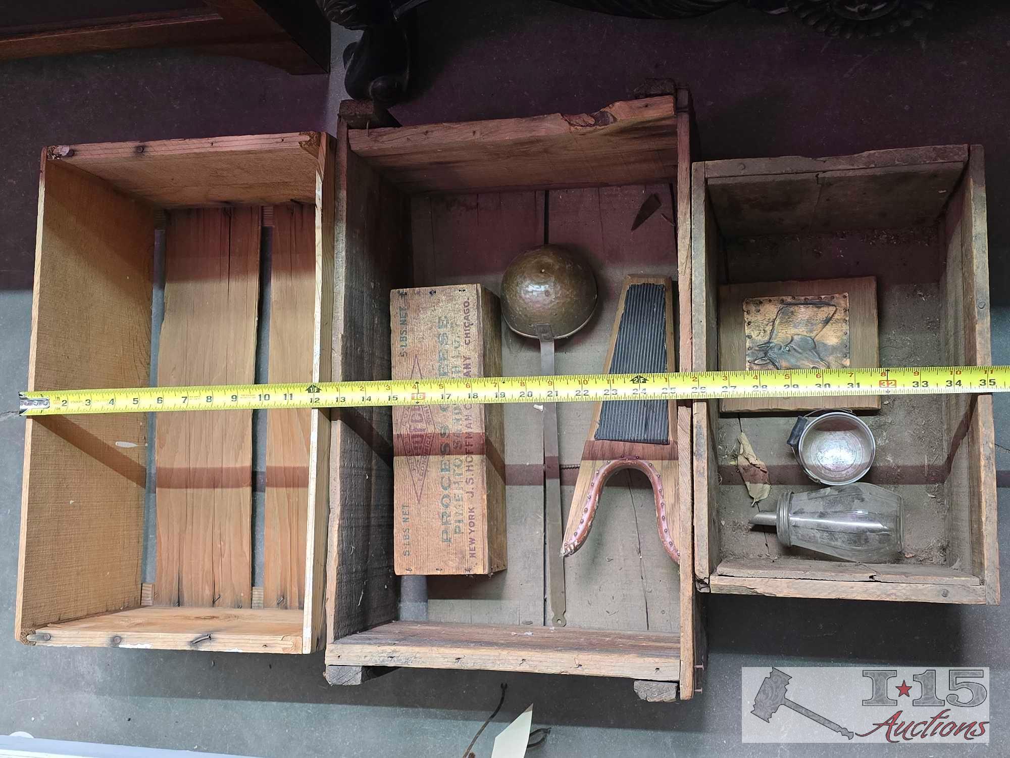 (3) Wooden Crates, Boot Jack and Wood with Metal Horse Picture