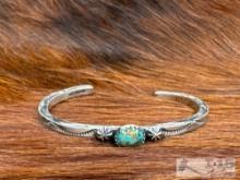 Native American Sterling Silver Cuff with Turquoise Stone, 16g