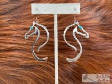 Native American Sterling Silver Horse Earrings with Turquoise Stones, 12g