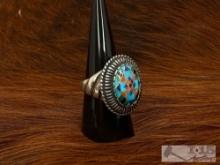 Native American Sterling Mosaic Inlay Ring, 13.45g