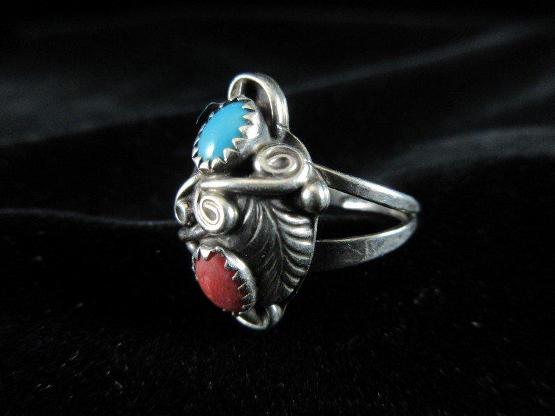 Turquoise and Coral Native American Sterling Silver Ring