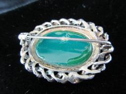 Vintage Sterling Silver Green Center Piece Broach