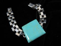 Large Turquoise Stone Sterling Silver Bracelet