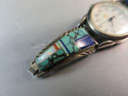 Native American Opal Turquoise Lapis Coral Inlay Sterling Silver Watch
