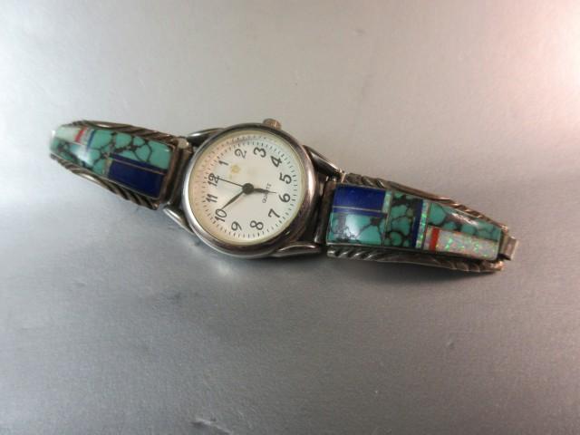 Native American Opal Turquoise Lapis Coral Inlay Sterling Silver Watch