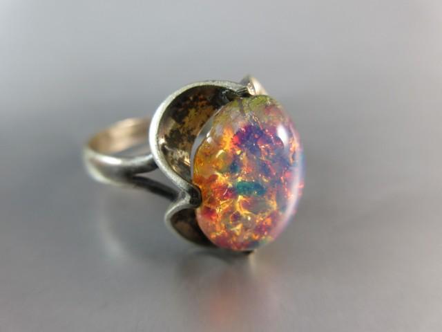 Large Vintage Sterling Silver Opal Like Stone Ring